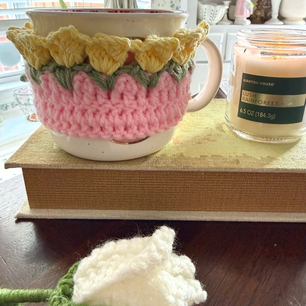 Handmade Crochet Tulip Mug Cozy - Pink & Yellow Floral Cup Sleeve
